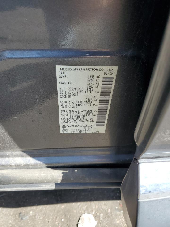2019 Nissan Murano VIN 5N1AZ2MS6KN113177 Copart auction photo, hail damage thumbnail 12