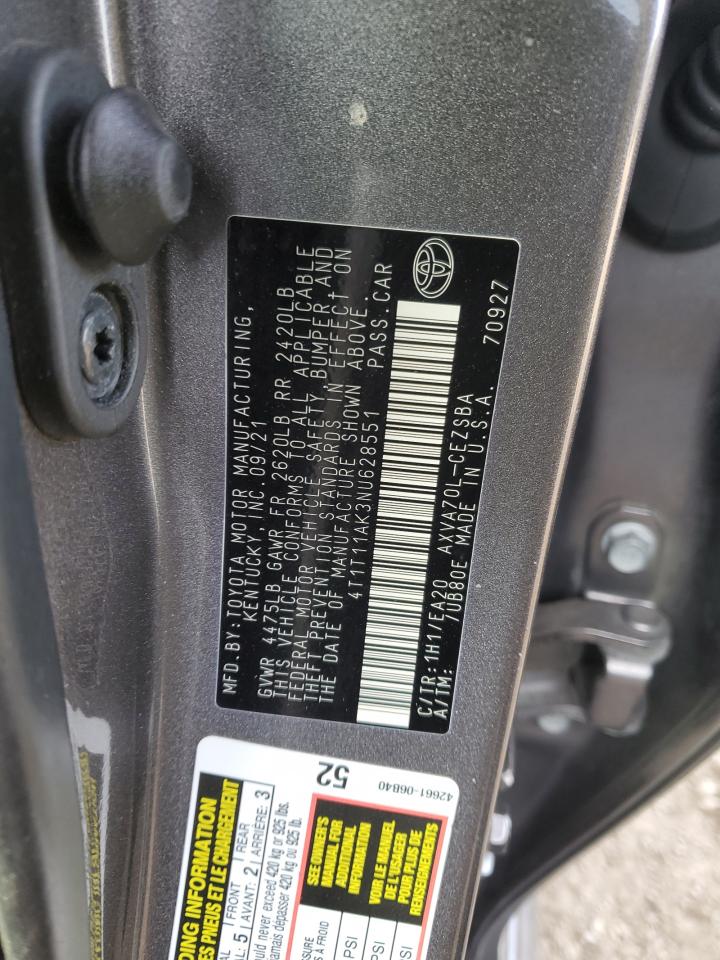 2022 Toyota Camry VIN 4T1T11AK3NU628551 Copart auction photo, rear end / side damage thumbnail 12
