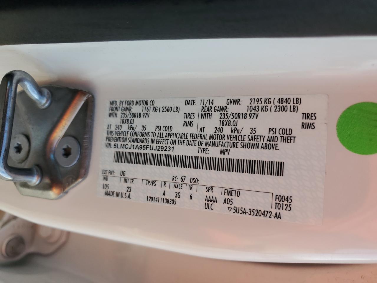 2015 Lincoln MKZ VIN 5LMCJ1A95FUJ29231 Copart auction photo, all over damage thumbnail 12