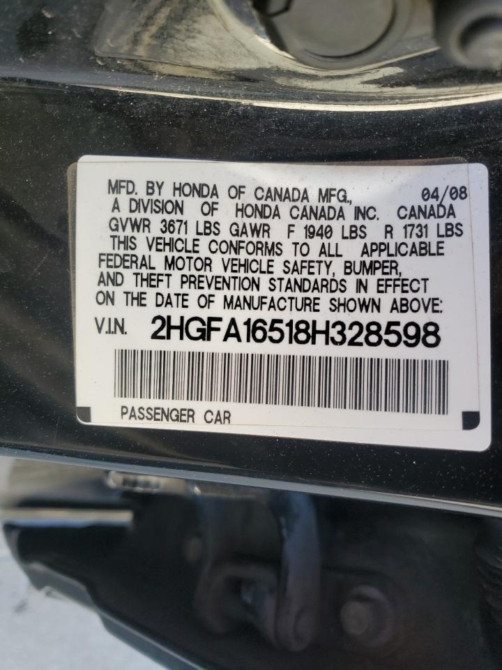 2008 Honda Civic VIN 2HGFA16518H328598 Copart auction photo, front end / rear end damage thumbnail 12