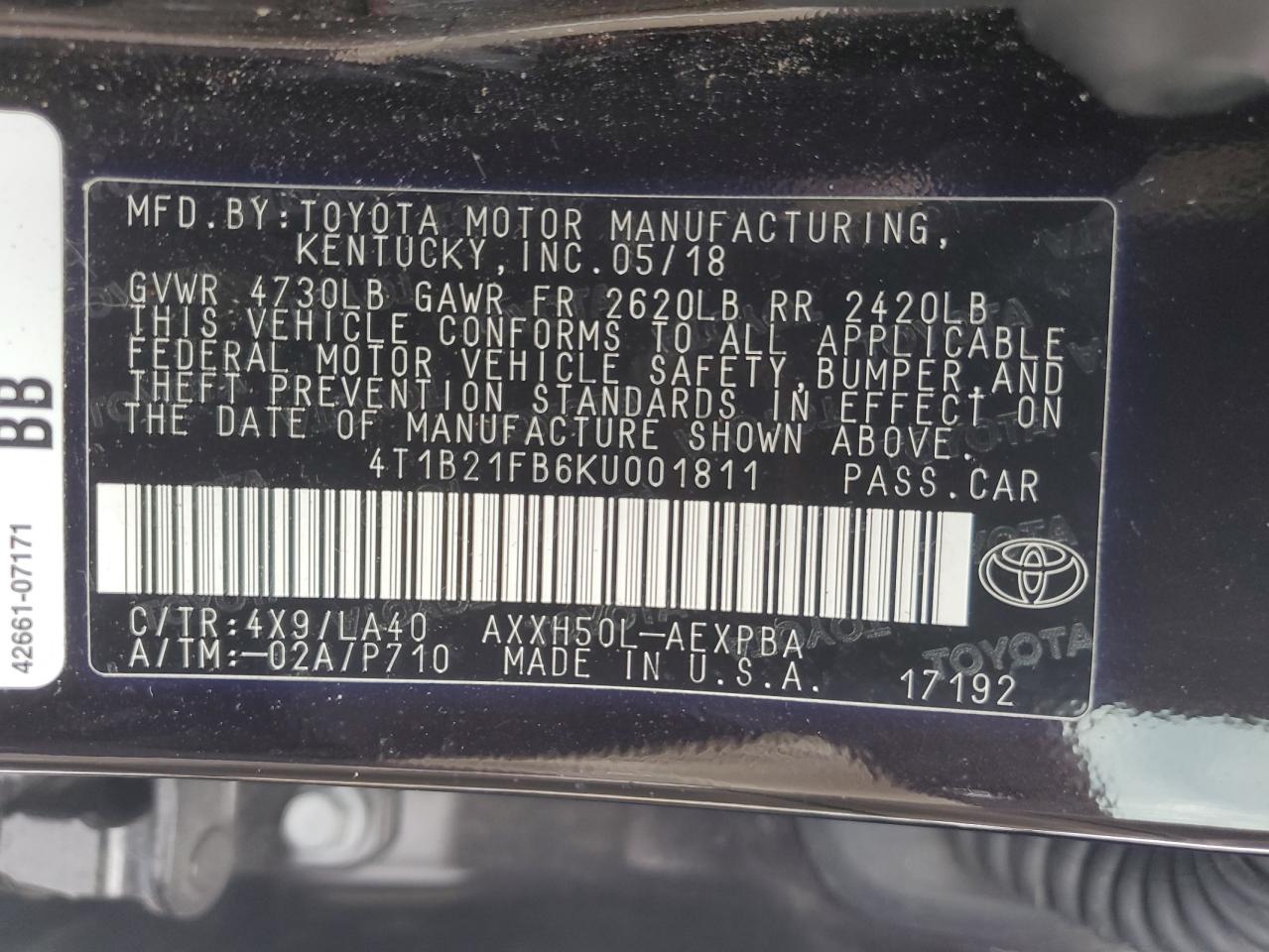 2019 Toyota Avalon VIN 4T1B21FB6KU001811 Copart auction photo, front end / rear end damage thumbnail 12