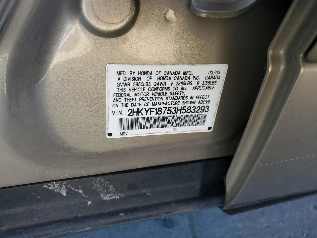 2003 Honda Pilot VIN 2HKYF18753H583293 Copart auction photo, front end damage thumbnail 15