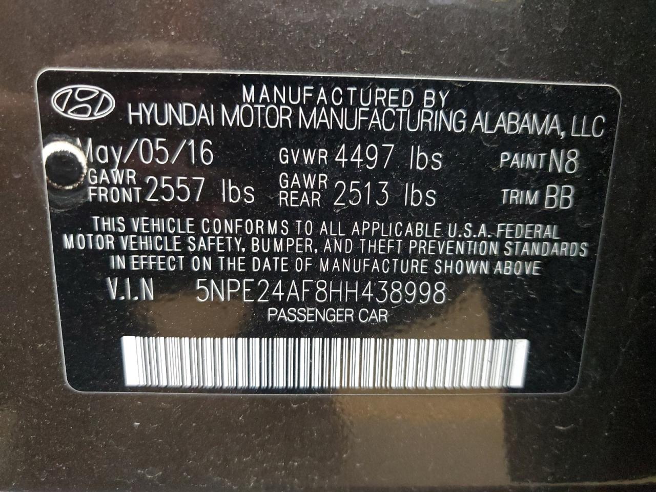 2017 Hyundai Sonata VIN 5NPE24AF8HH438998 Copart auction photo, side damage thumbnail 14
