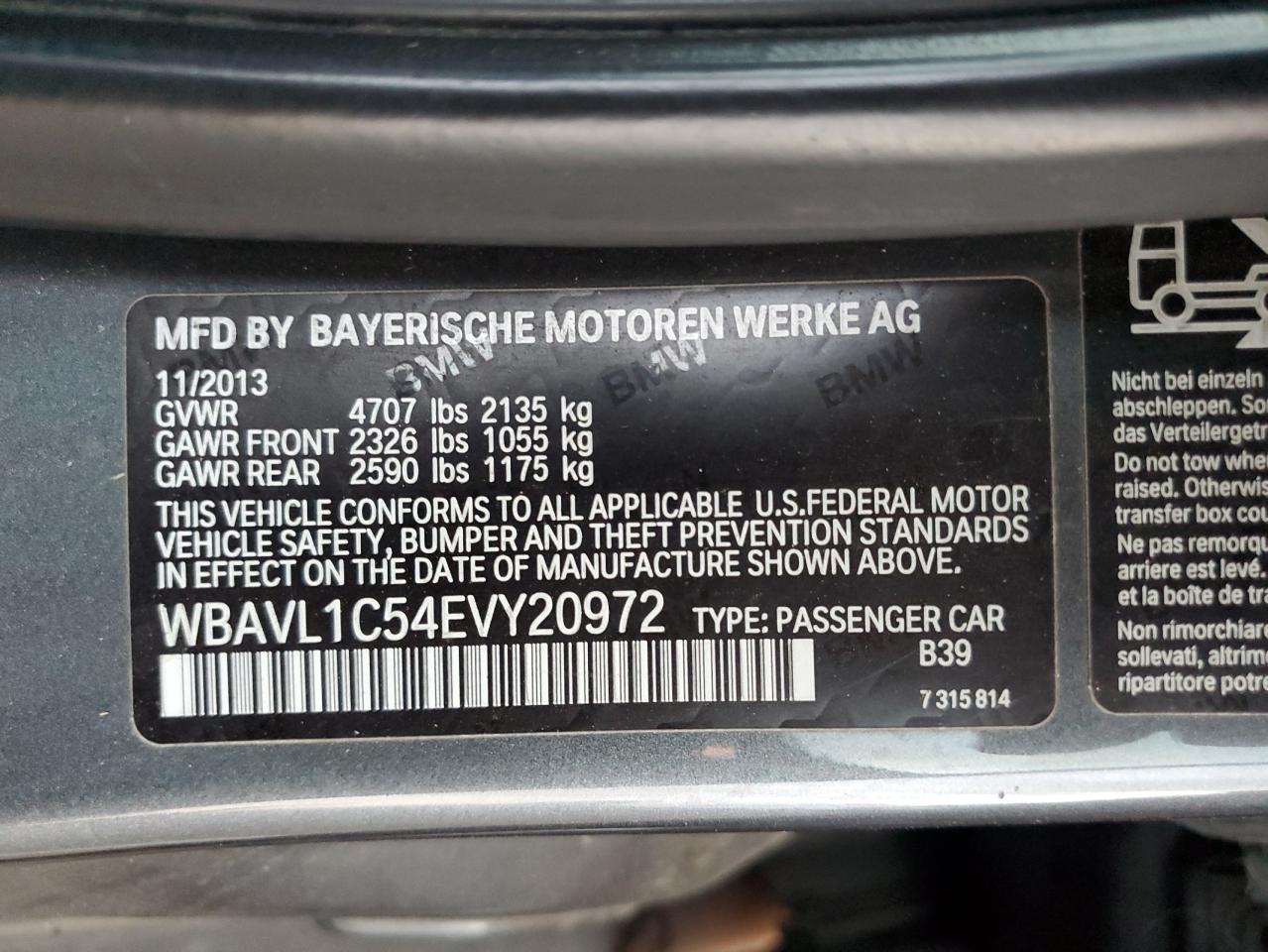 2014 BMW X1 VIN WBAVL1C54EVY20972 Copart auction photo, front end / minor dent/scratches damage thumbnail 12
