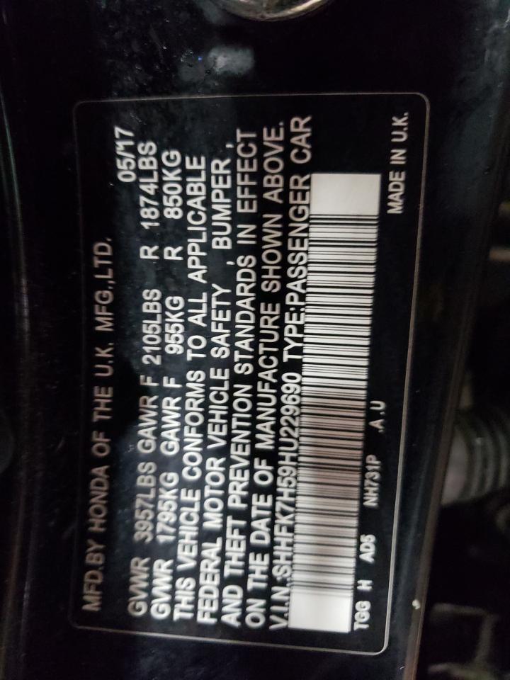 2017 Honda Civic VIN SHHFK7H59HU229690 Copart auction photo, front end / rear end damage thumbnail 13