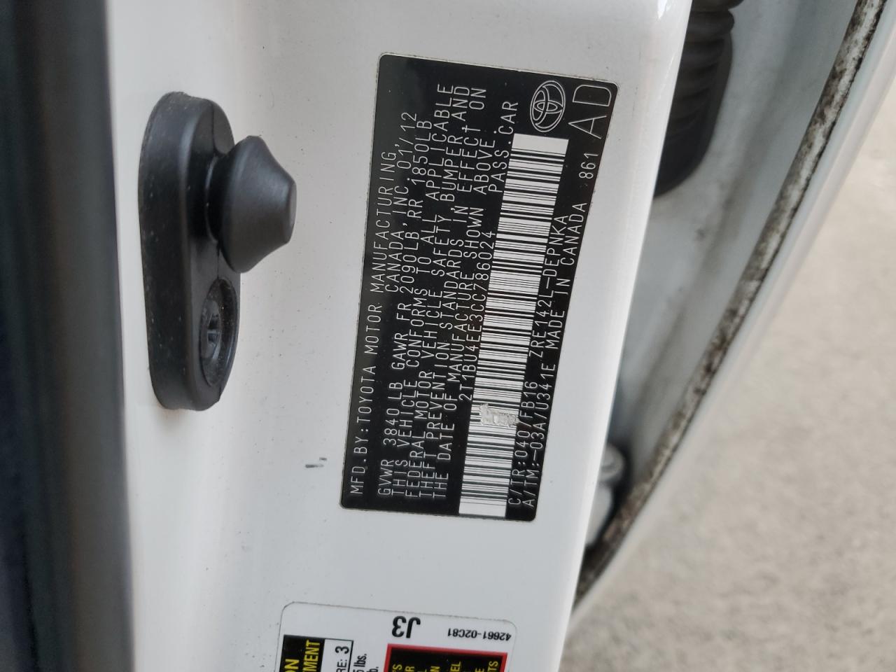 2012 Toyota Corolla VIN 2T1BU4EE3CC786024 Copart auction photo, front end damage thumbnail 12