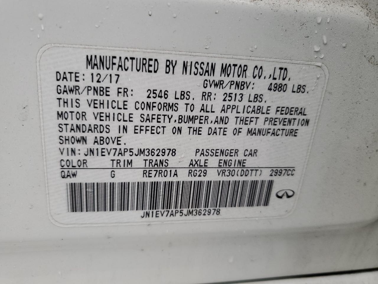 2018 Infiniti Q50 VIN JN1EV7AP5JM362978 Copart auction photo, front end damage thumbnail 12