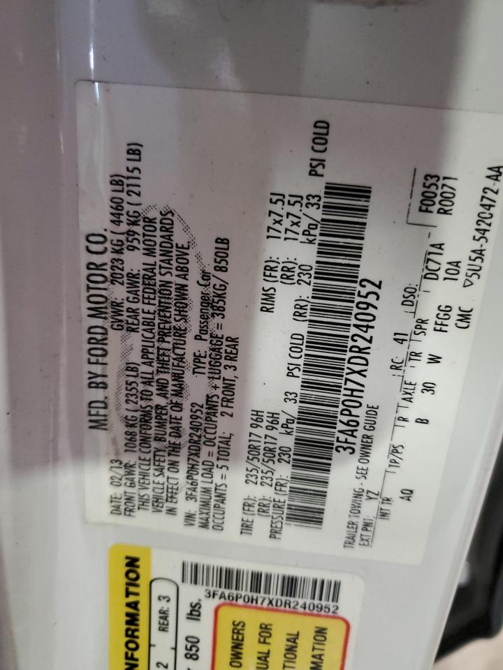 2013 Ford Fusion VIN 3FA6P0H7XDR240952 Copart auction photo, front end / minor dent/scratches damage thumbnail 12