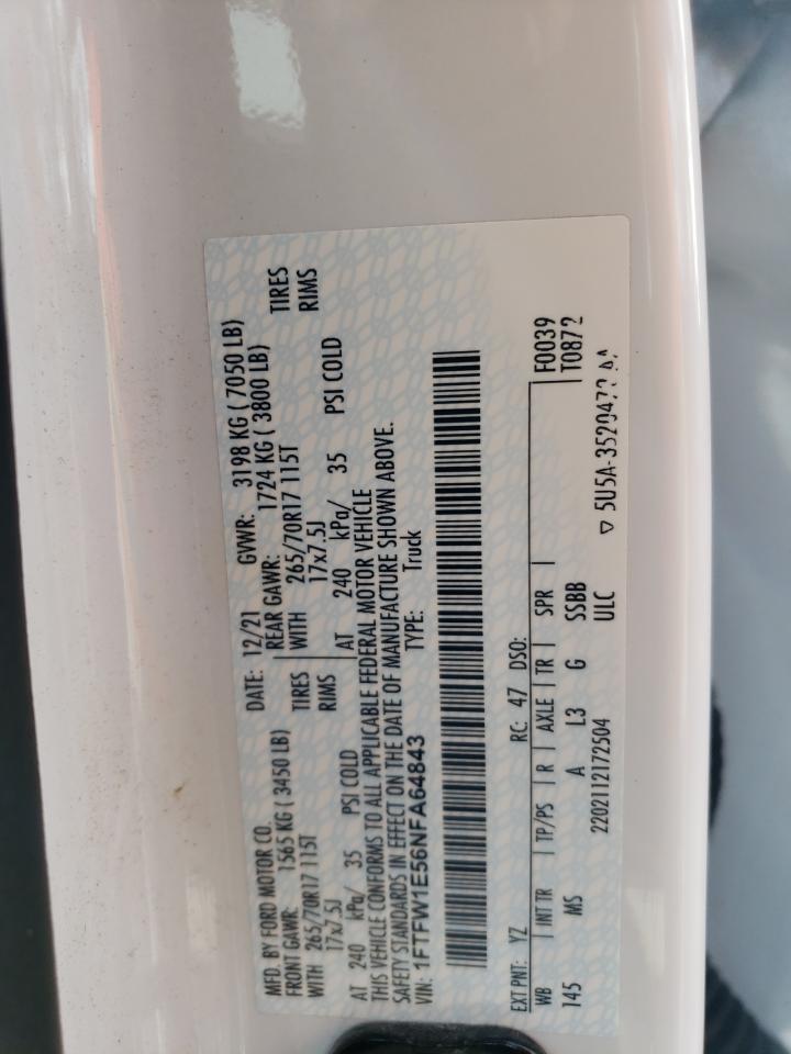 2022 Ford F-150 VIN 1FTFW1E56NFA64843 Copart auction photo, front end / minor dent/scratches damage thumbnail 12