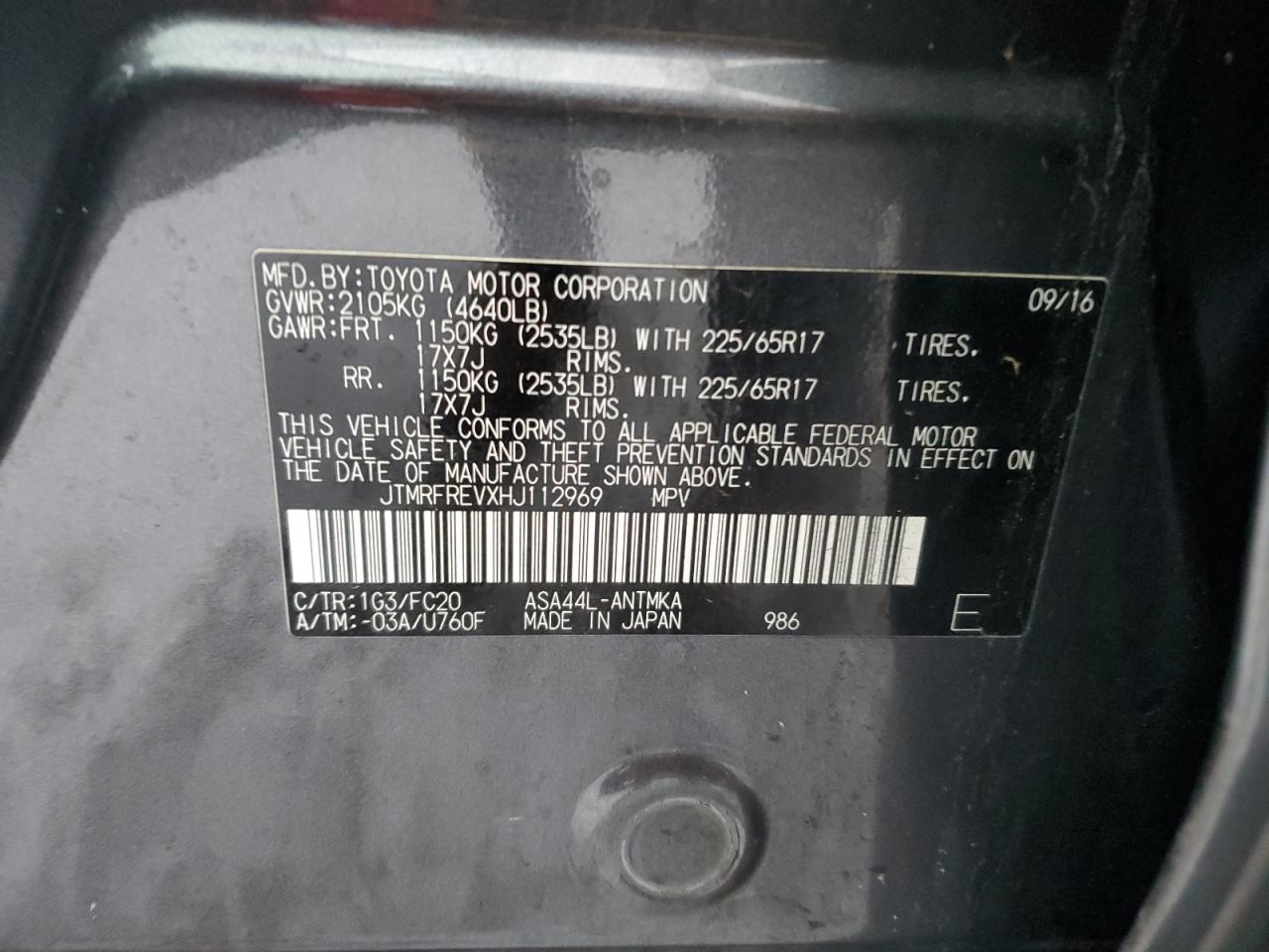 2017 Toyota RAV 4 VIN JTMRFREVXHJ112969 Copart auction photo, front end damage thumbnail 13