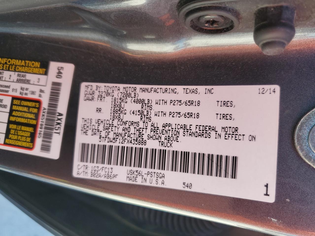 2015 Toyota Tundra VIN 5TFDW5F12FX435888 Copart auction photo, front end damage thumbnail 14