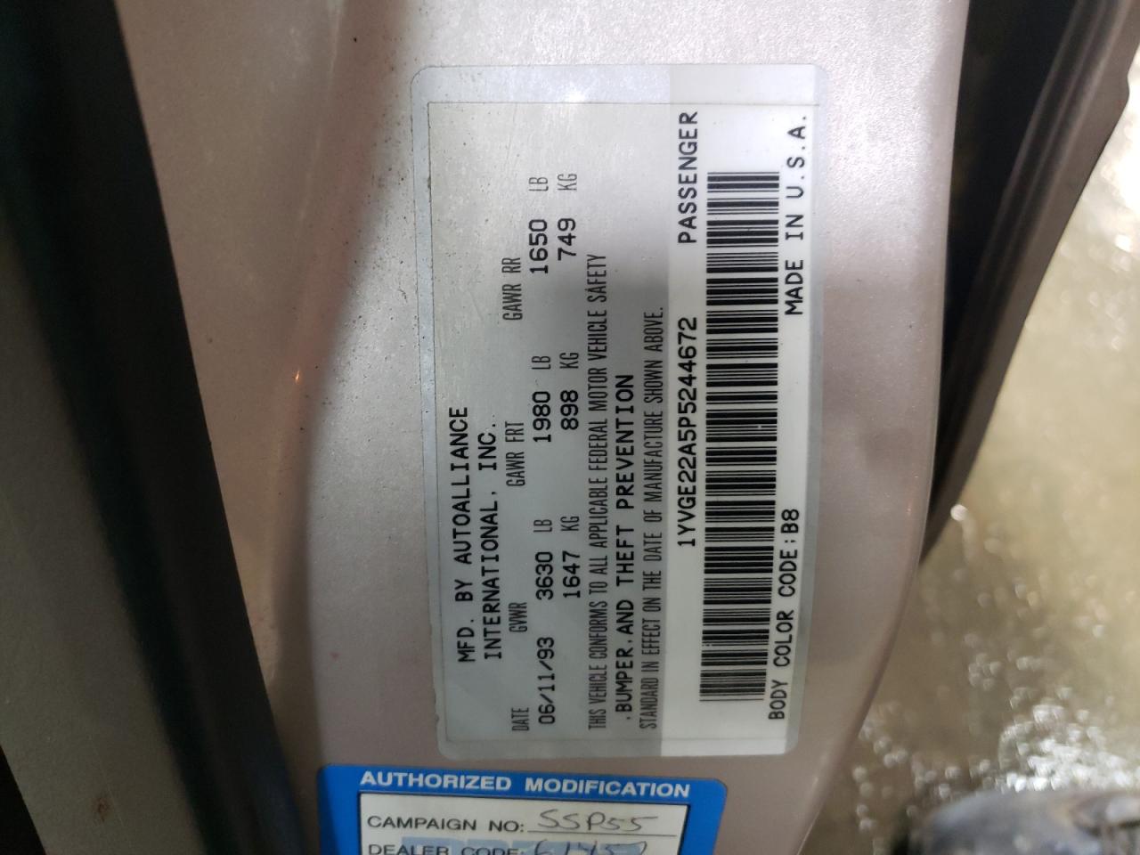 1993 Mazda 626 VIN 1YVGE22A5P5244672 Copart auction photo, side damage thumbnail 12