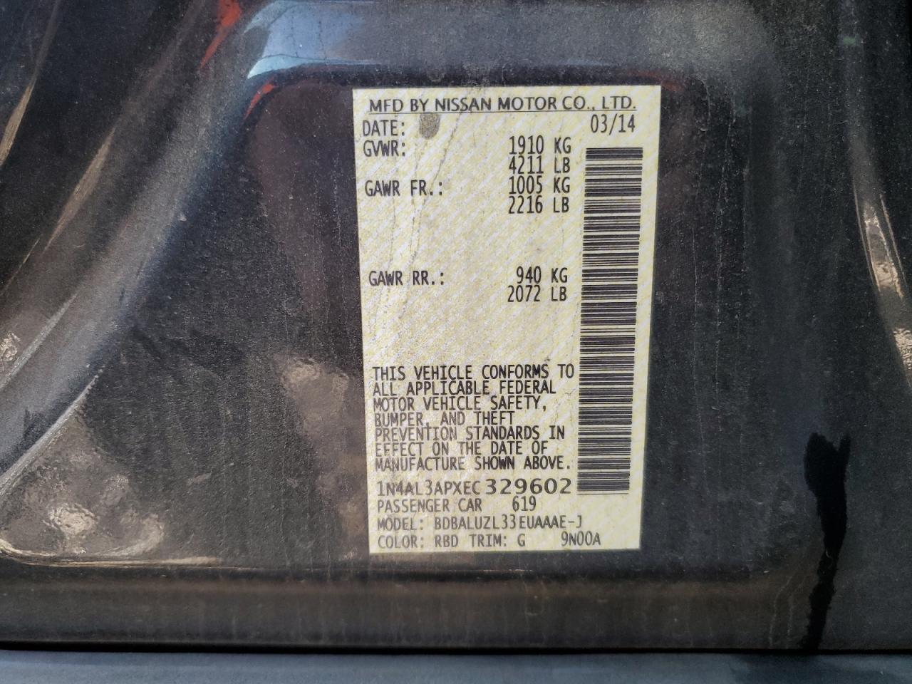 2014 Nissan Altima VIN 1N4AL3APXEC329602 Copart auction photo, front end damage thumbnail 12