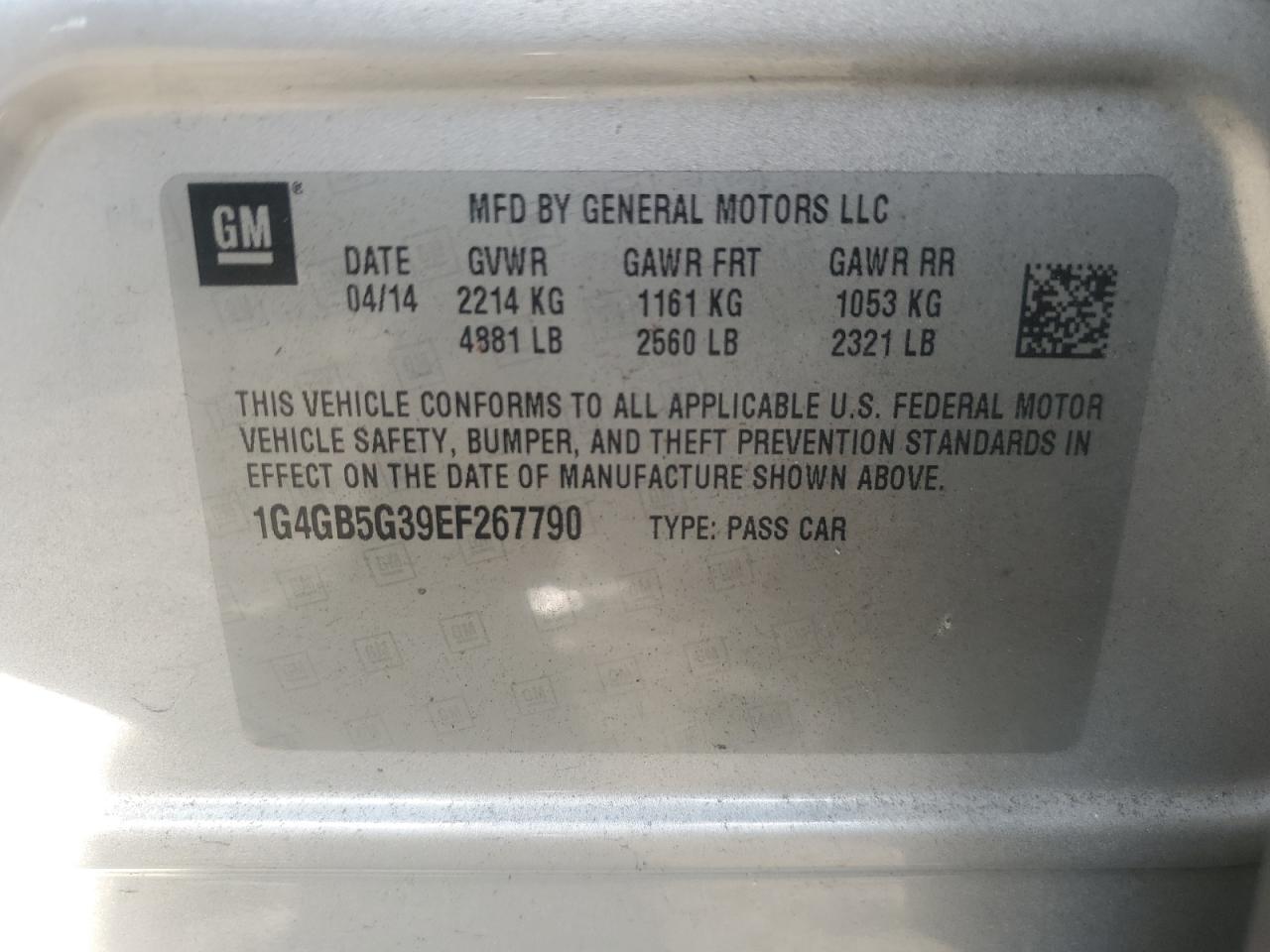 2014 Buick LaCrosse VIN 1G4GB5G39EF267790 Copart auction photo, rear end / side damage thumbnail 12