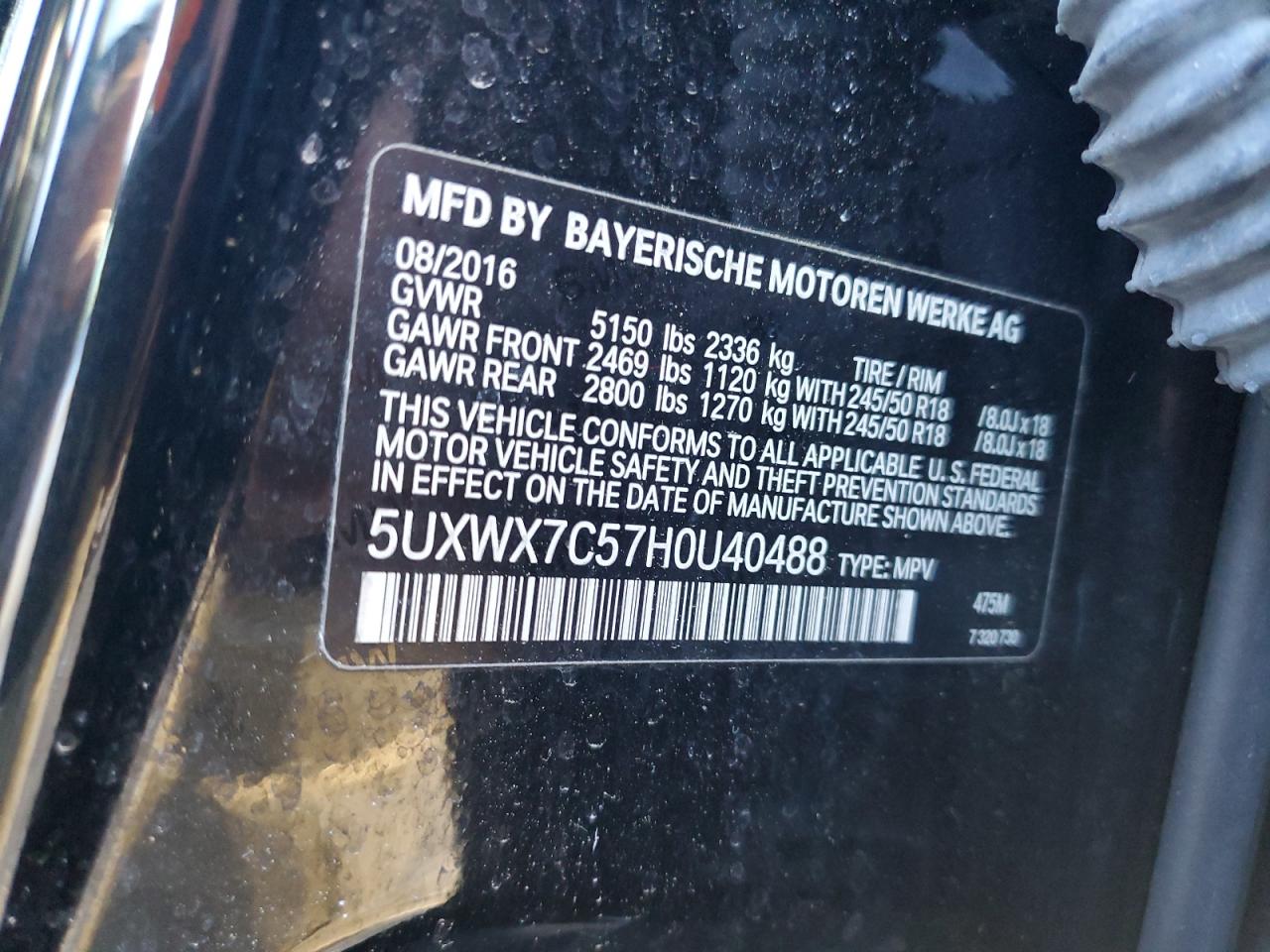2017 BMW X3 VIN 5UXWX7C57H0U40488 Copart auction photo, front end / minor dent/scratches damage thumbnail 12