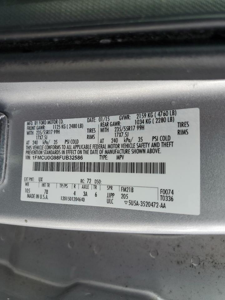 2015 Ford Escape VIN 1FMCU0G98FUB32586 Copart auction photo, rear end / side damage thumbnail 14