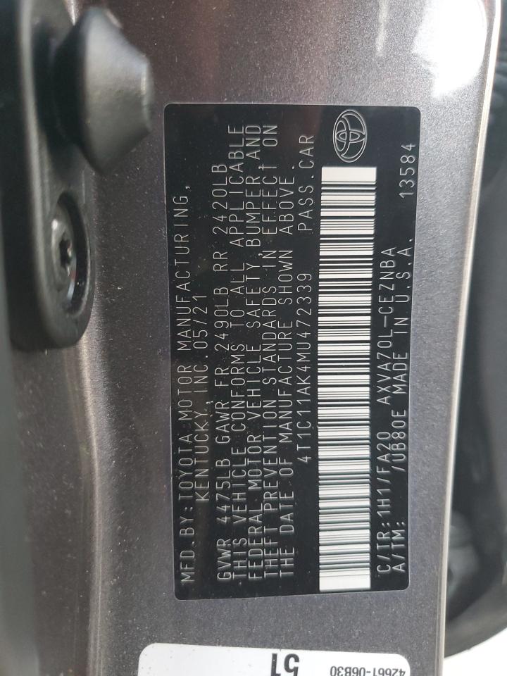 2021 Toyota Camry VIN 4T1C11AK4MU472339 Copart auction photo, side / rear end damage thumbnail 15