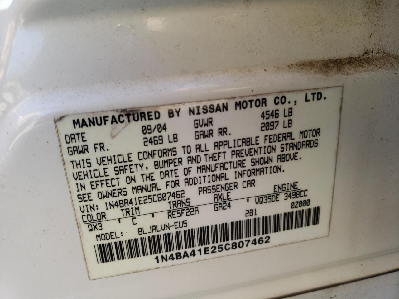 2005 Nissan Maxima VIN 1N4BA41E25C807462 Copart auction photo, front end / side damage thumbnail 14