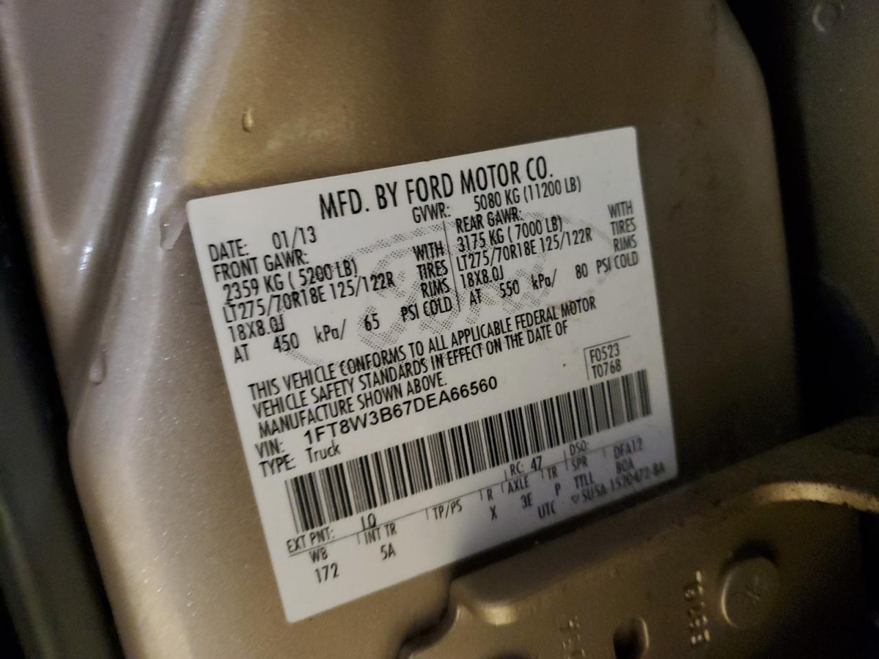 2013 Ford F350 VIN 1FT8W3B67DEA66560 Copart auction photo, side / front end damage thumbnail 12