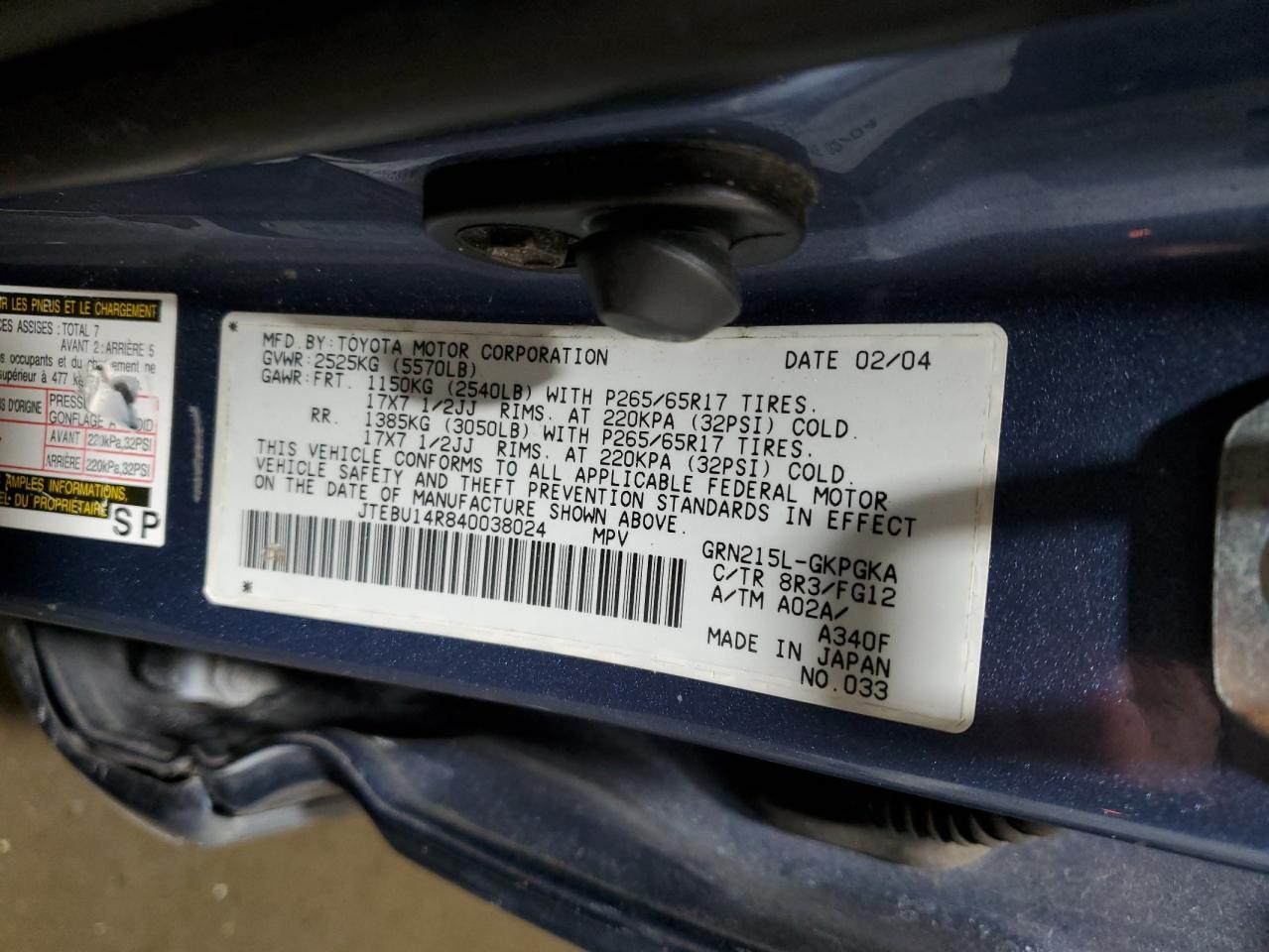 2004 Toyota 4Runner VIN JTEBU14R840038024 Copart auction photo, front end / side damage thumbnail 13
