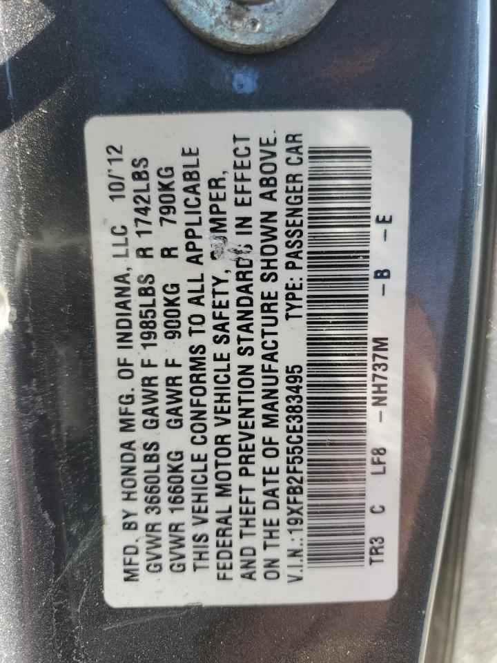 2012 Honda Civic VIN 19XFB2F55CE383495 Copart auction photo, top/roof damage thumbnail 12