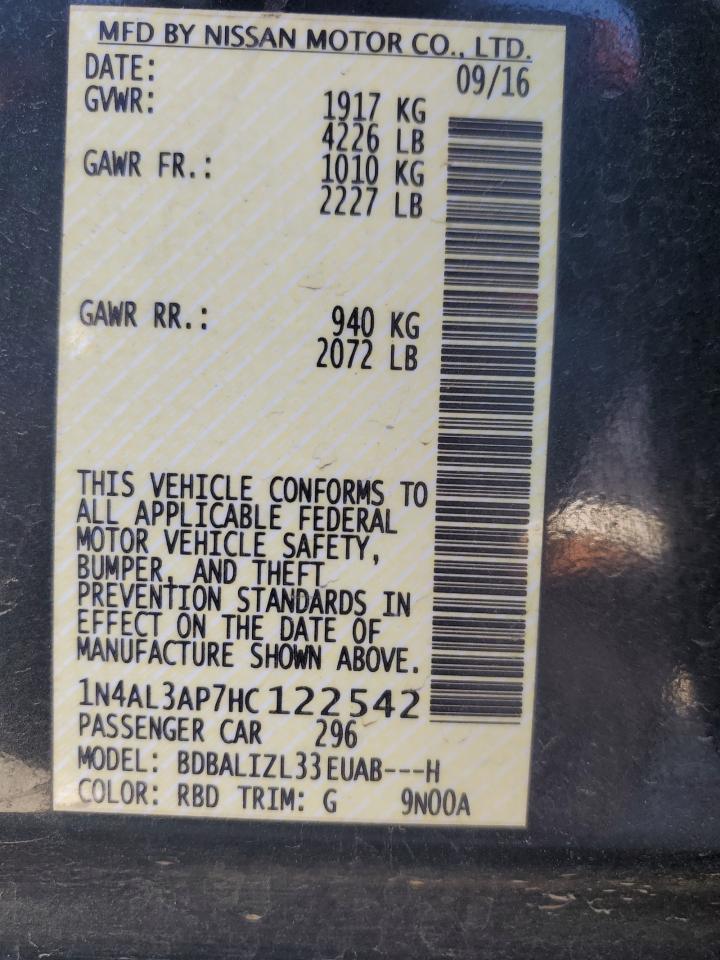 2017 Nissan Altima VIN 1N4AL3AP7HC122542 Copart auction photo, front end damage thumbnail 12