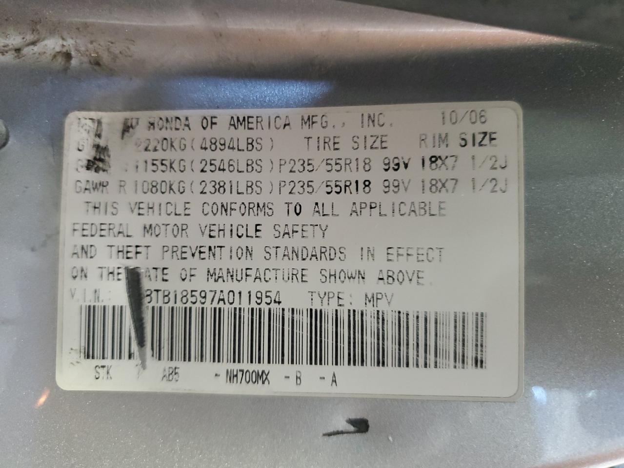 2007 Acura RDX VIN 5J8TB18597A011954 Copart auction photo, side damage thumbnail 15