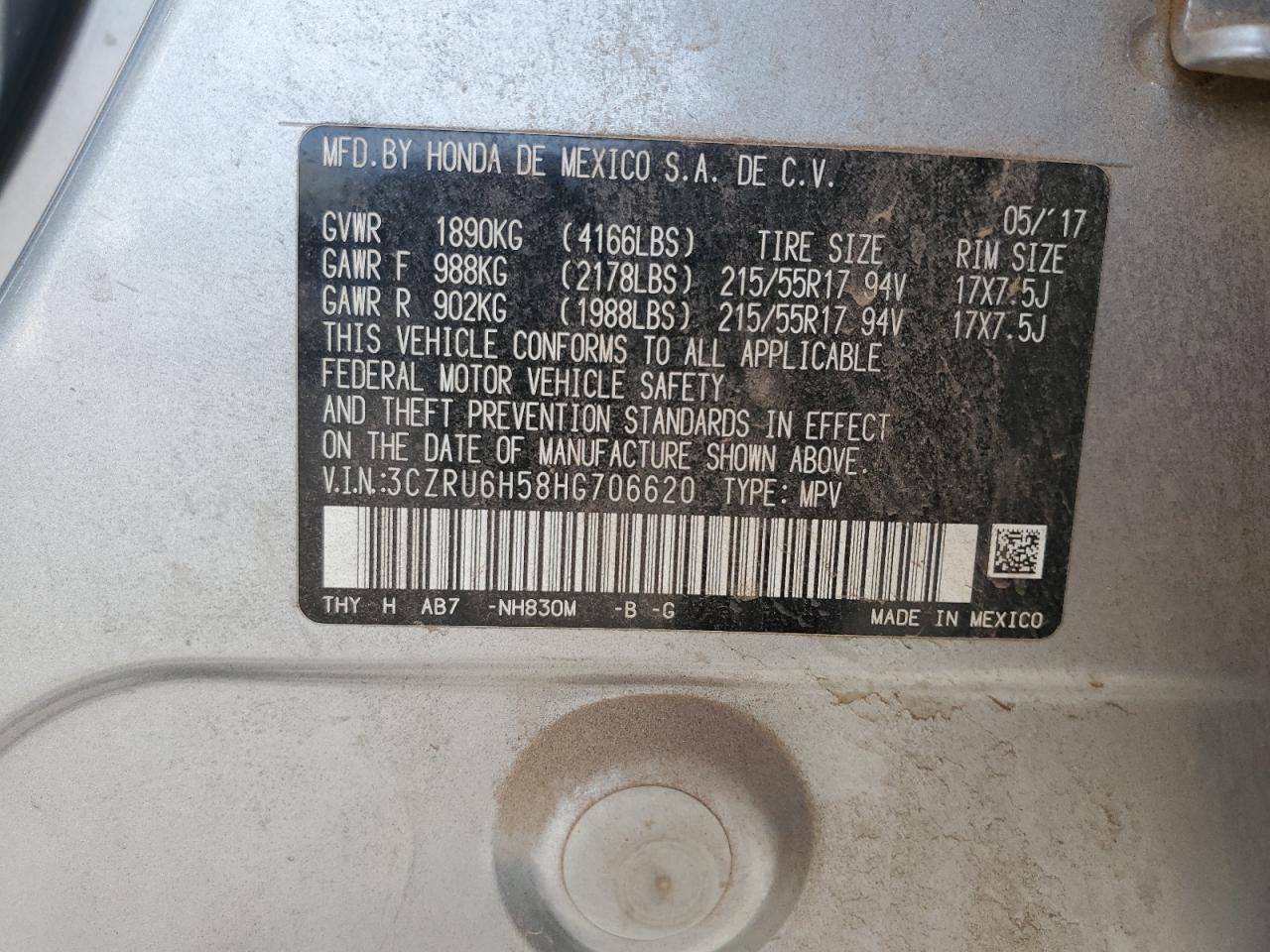 2017 Honda HR-V VIN 3CZRU6H58HG706620 Copart auction photo, rear end damage thumbnail 15