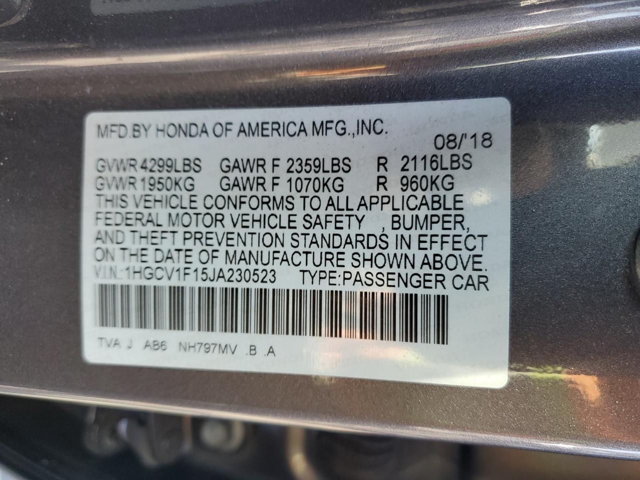 2018 Honda Accord VIN 1HGCV1F15JA230523 Copart auction photo, front end / side damage thumbnail 12