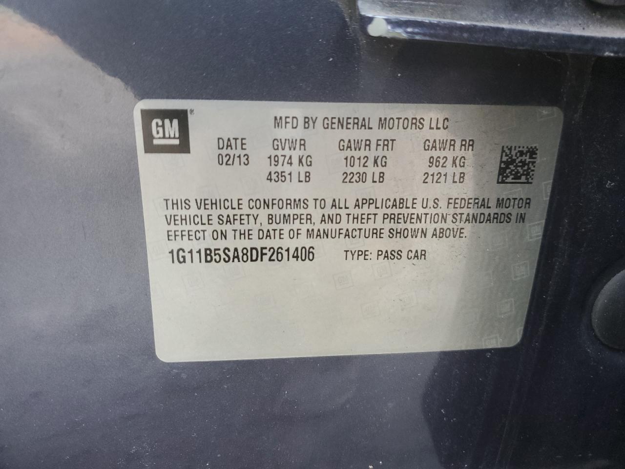 2013 Chevrolet Malibu VIN 1G11B5SA8DF261406 Copart auction photo, all over / side damage thumbnail 14