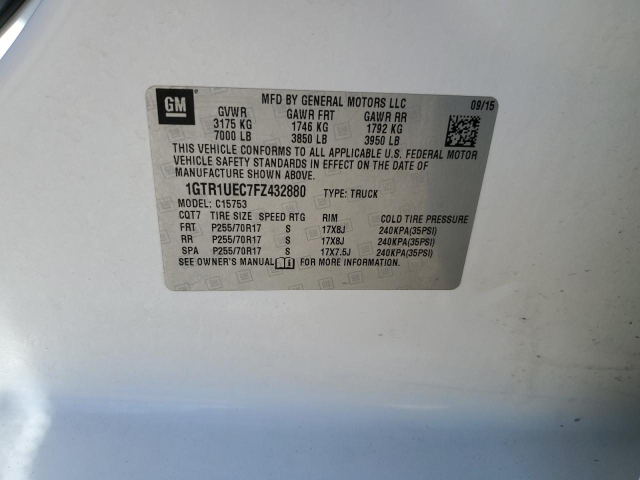 2015 GMC Sierra VIN 1GTR1UEC7FZ432880 Copart auction photo, front end damage thumbnail 14