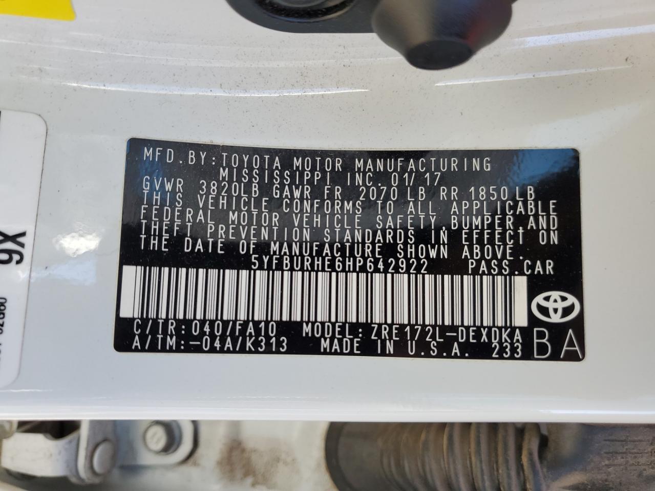 2017 Toyota Corolla VIN 5YFBURHE6HP642922 Copart auction photo, front end damage thumbnail 13