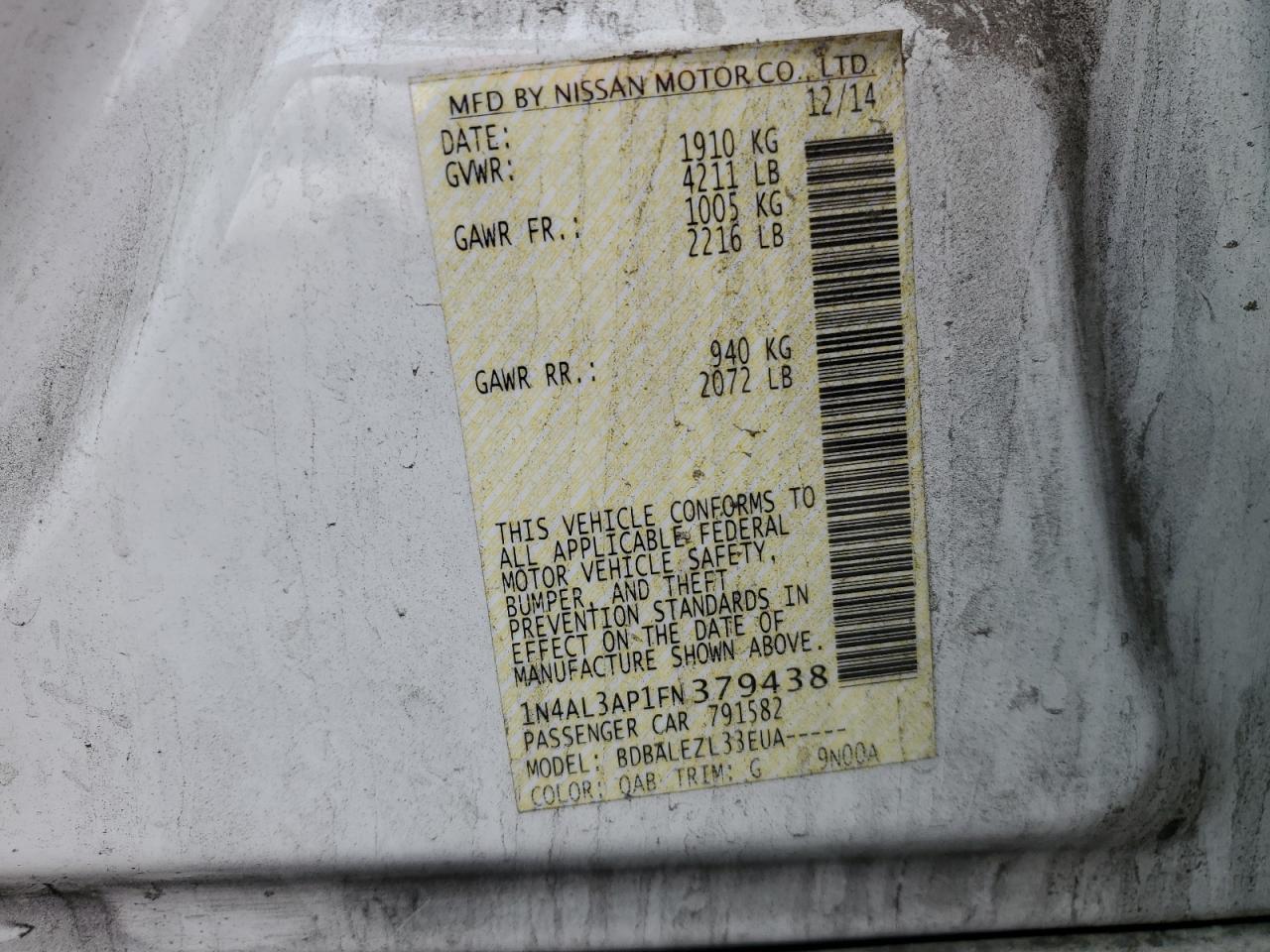 2015 Nissan Altima VIN 1N4AL3AP1FN379438 Copart auction photo, front end / rear end damage thumbnail 12