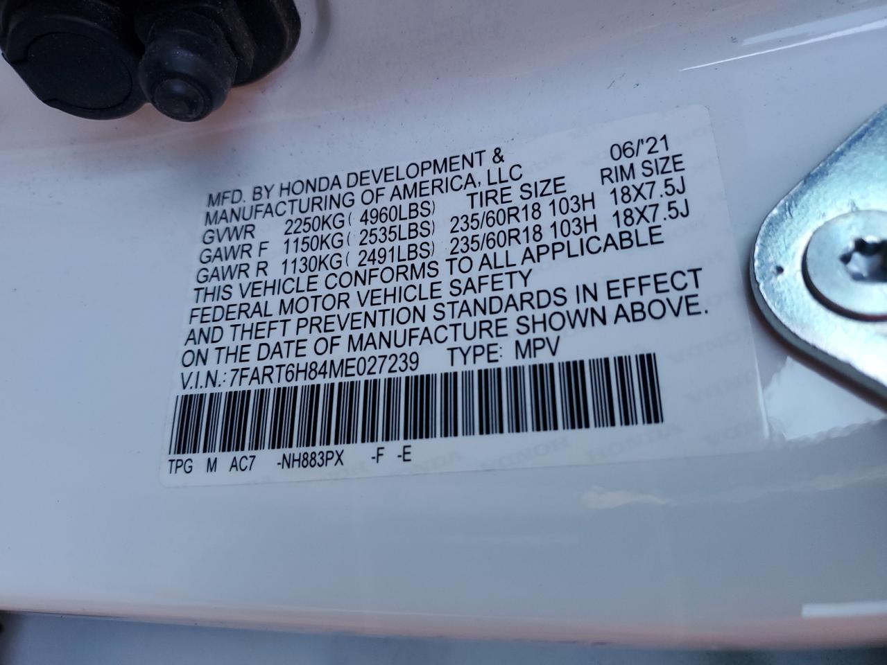 2021 Honda CR-V VIN 7FART6H84ME027239 Copart auction photo, side / front end damage thumbnail 15