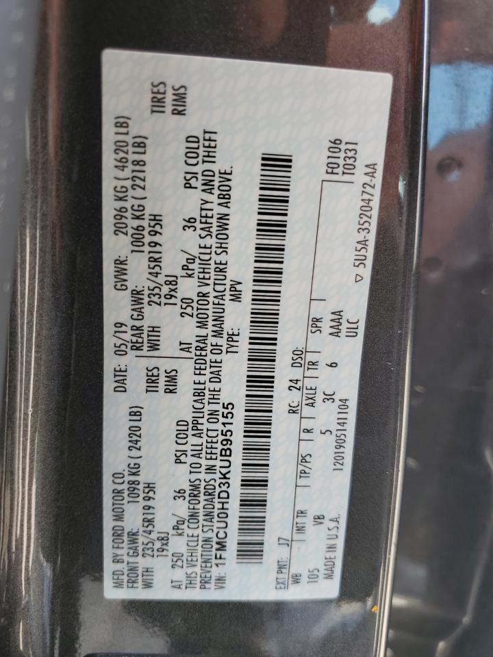 2019 Ford Escape VIN 1FMCU0HD3KUB95155 Copart auction photo, rollover / undercarriage damage thumbnail 13