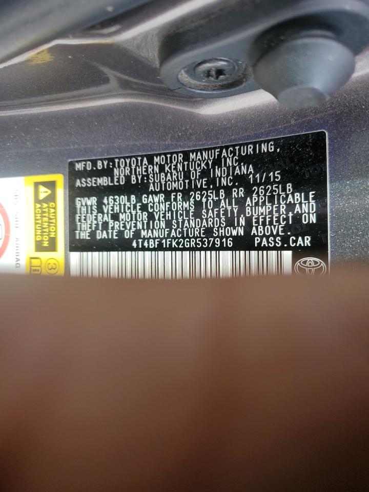 2016 Toyota Camry VIN 4T4BF1FK2GR537916 Copart auction photo, front end damage thumbnail 14