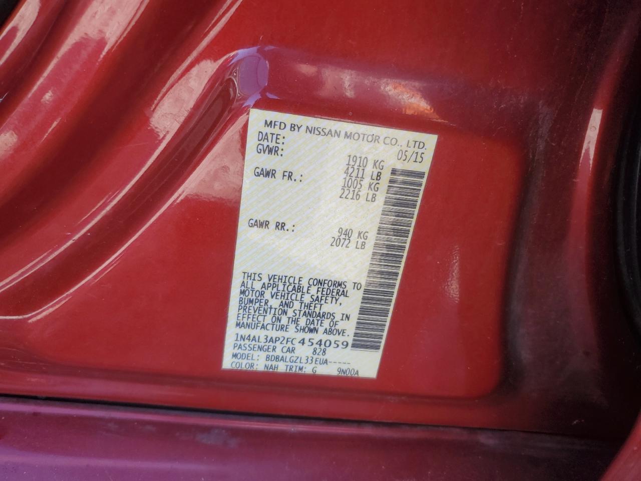 2015 Nissan Altima VIN 1N4AL3AP2FC454059 Copart auction photo, side damage thumbnail 14
