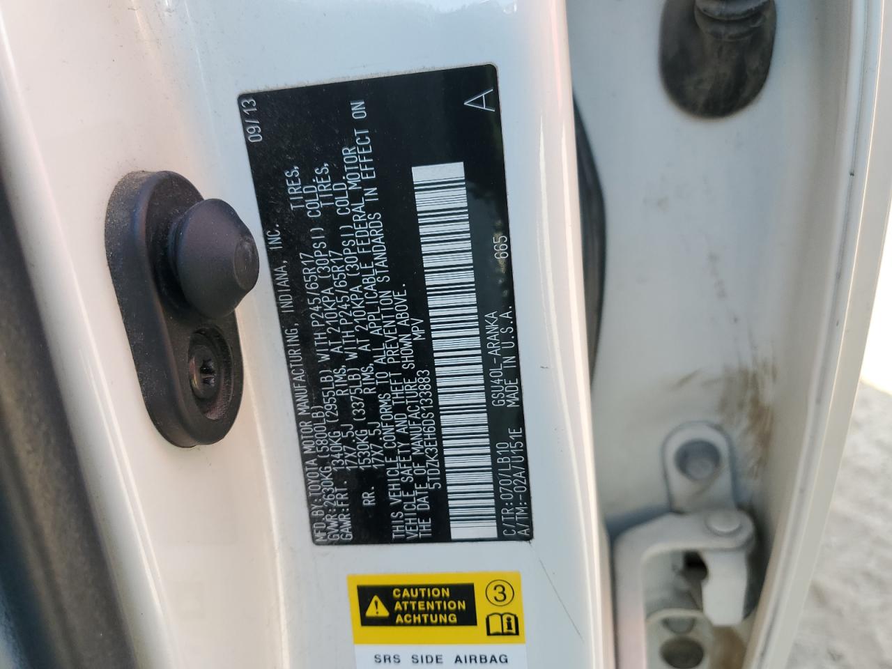 2013 Toyota Highlander VIN 5TDZK3EH6DS133883 Copart auction photo, front end damage thumbnail 16