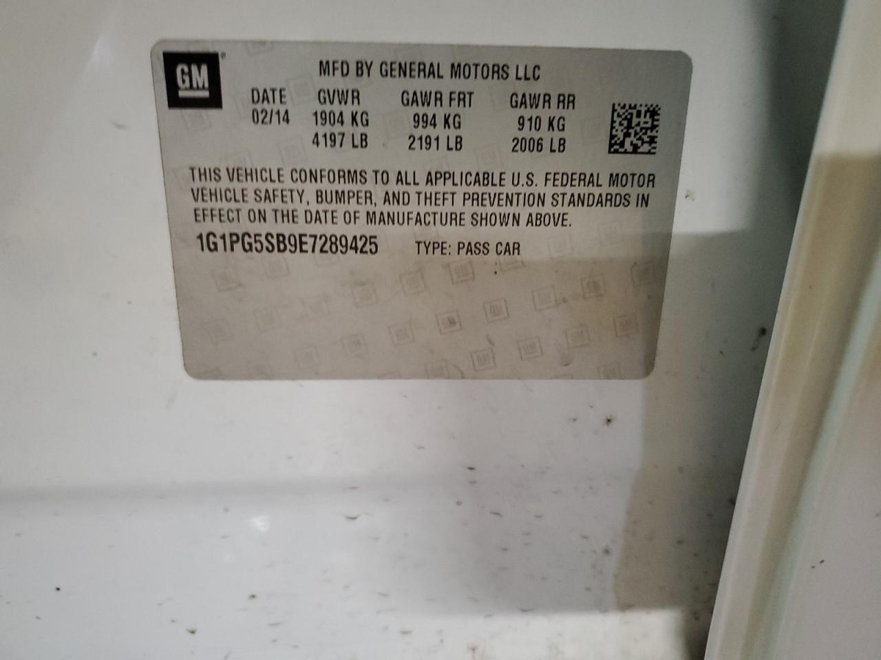 2014 Chevrolet Cruze VIN 1G1PG5SB9E7289425 Copart auction photo, front end / minor dent/scratches damage thumbnail 14