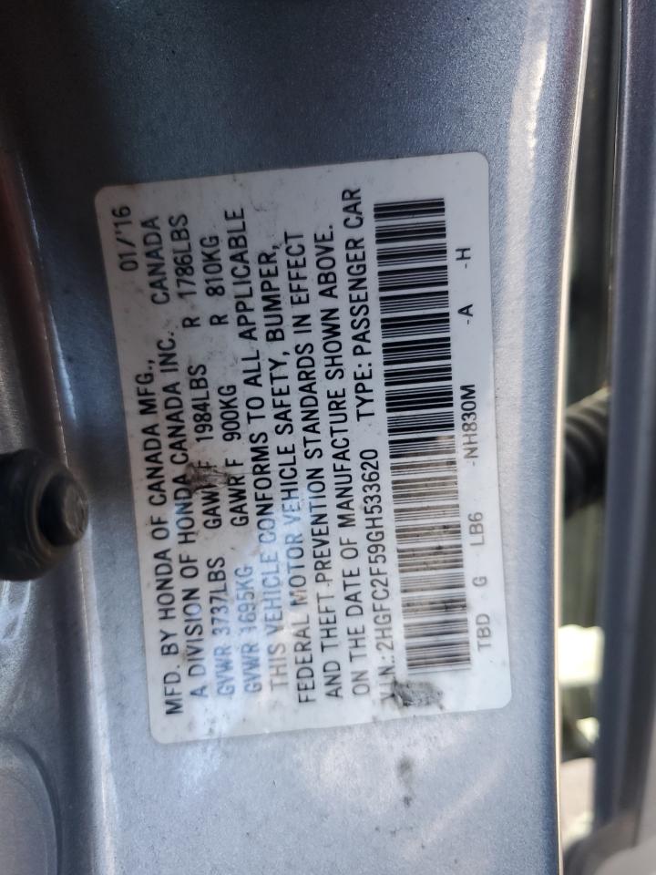 2016 Honda Civic VIN 2HGFC2F59GH533620 Copart auction photo, water/flood damage thumbnail 12