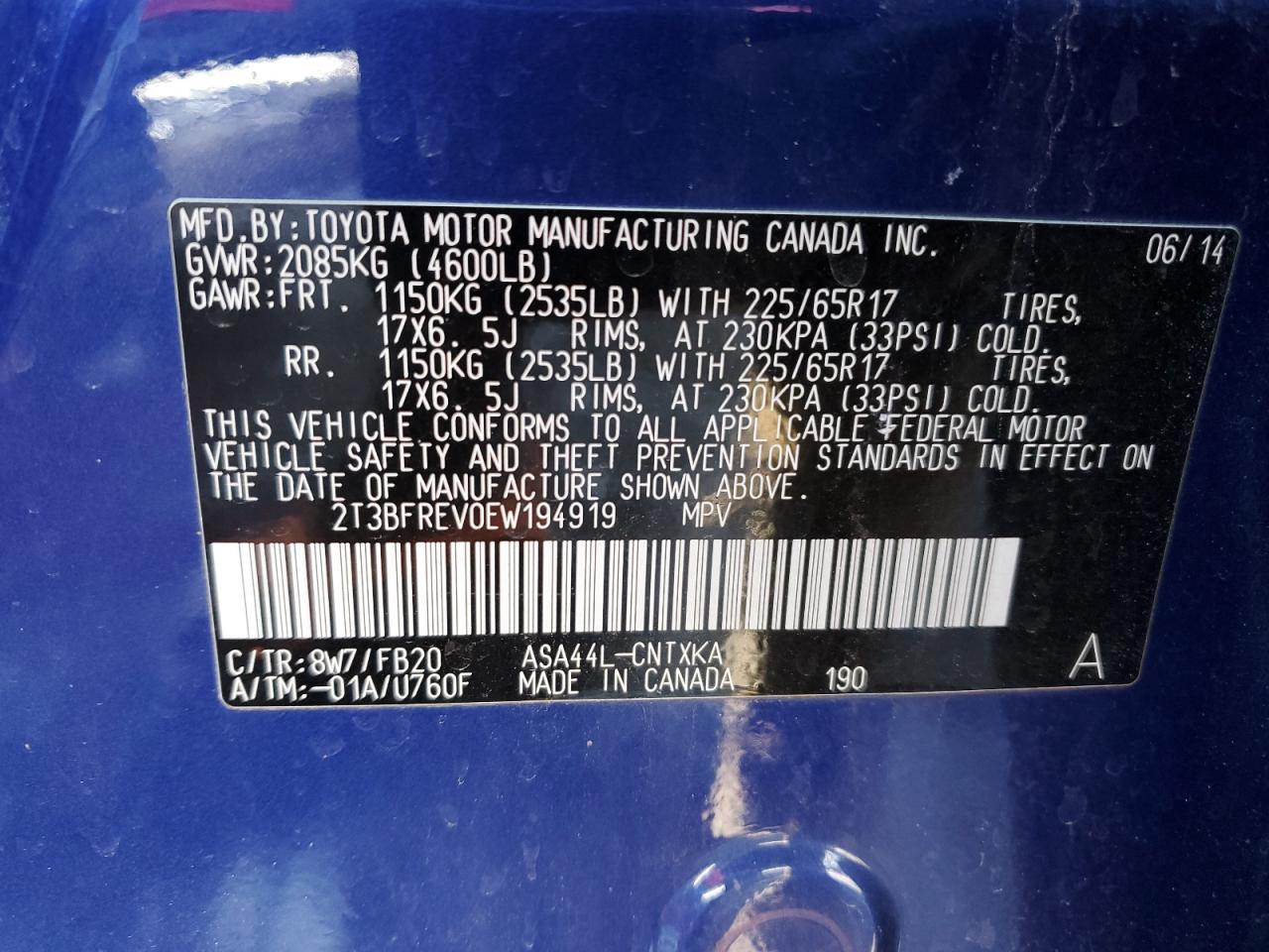 2014 Toyota RAV 4 VIN 2T3BFREV0EW194919 Copart auction photo, front end damage thumbnail 13