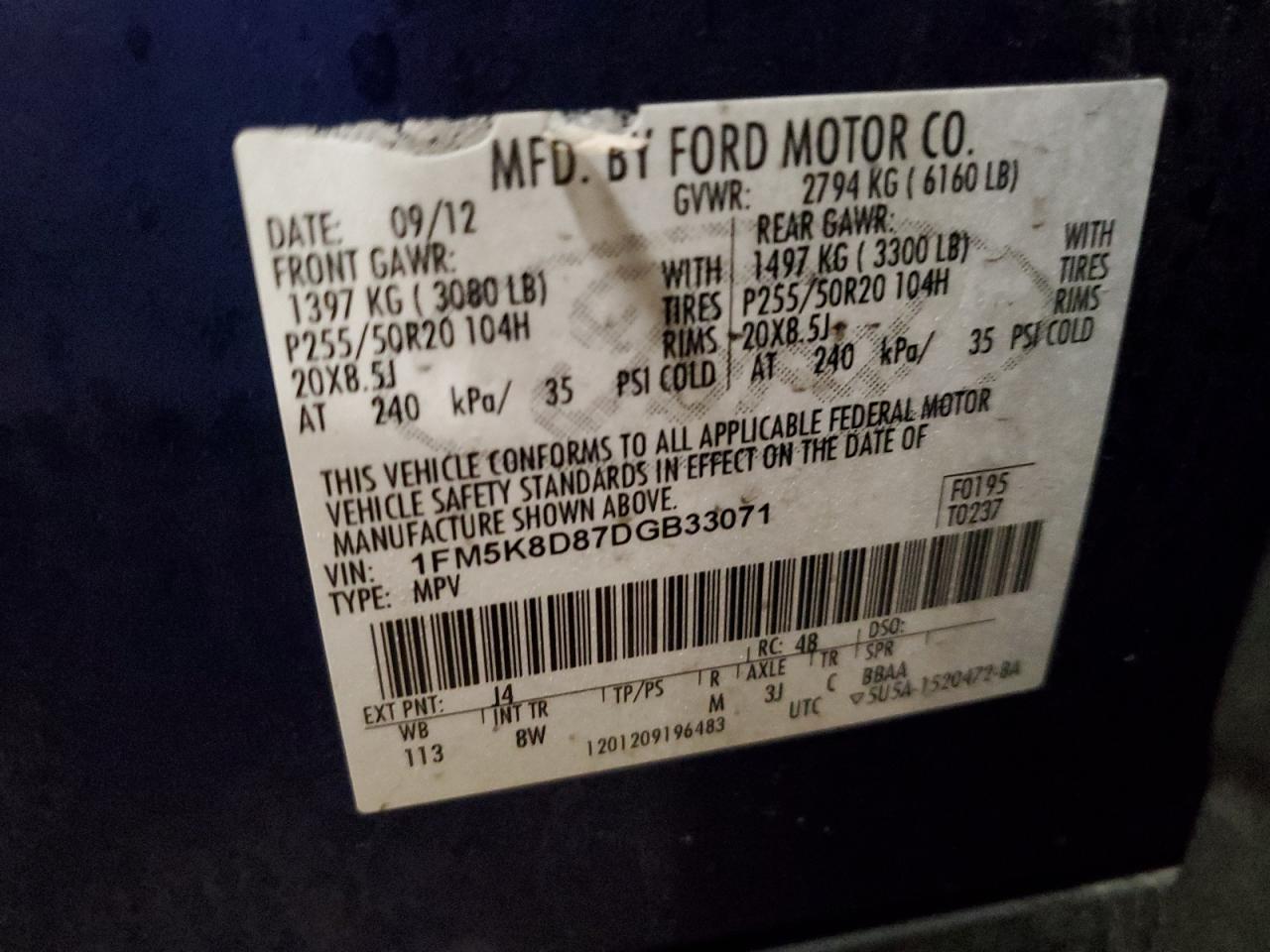 2013 Ford Explorer VIN 1FM5K8D87DGB33071 Copart auction photo, side damage thumbnail 13