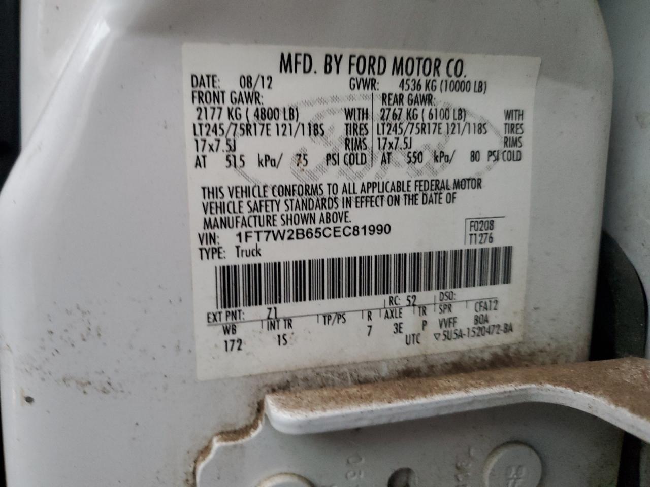 2012 Ford F250 VIN 1FT7W2B65CEC81990 Copart auction photo, water/flood damage thumbnail 13