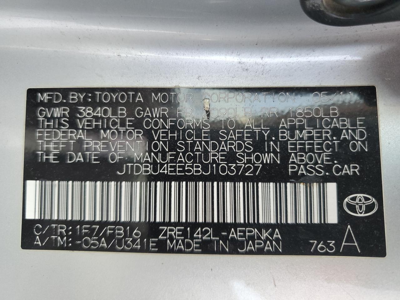 2011 Toyota Corolla VIN JTDBU4EE5BJ103727 Copart auction photo, front end / rear end damage thumbnail 12