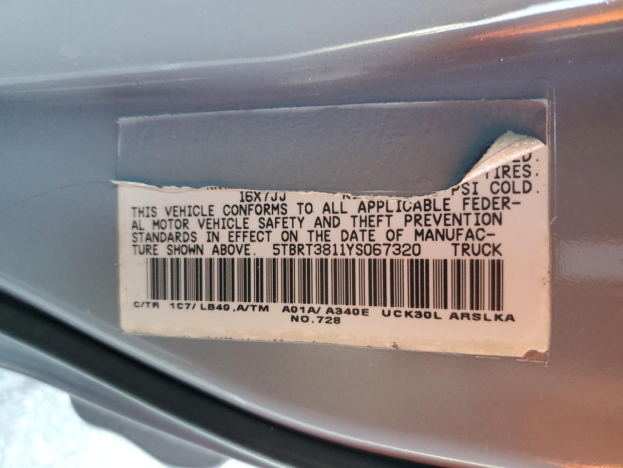 2000 Toyota Tundra VIN 5TBRT3811YS067320 Copart auction photo, all over damage thumbnail 12