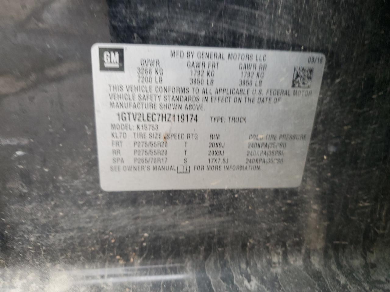 2017 GMC Sierra VIN 1GTV2LEC7HZ119174 Copart auction photo, front end / side damage thumbnail 14