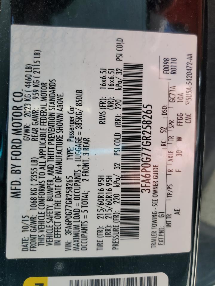 2016 Ford Fusion VIN 3FA6P0G77GR258265 Copart auction photo, minor dent/scratches damage thumbnail 12