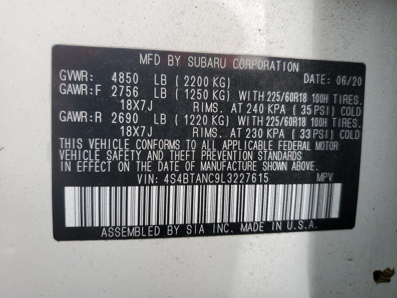 2020 Subaru Outback VIN 4S4BTANC9L3227615 Copart auction photo, front end / side damage thumbnail 13