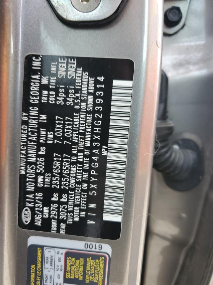 2017 KIA Sorento VIN 5XYPG4A3XHG239314 Copart auction photo, water/flood damage thumbnail 14