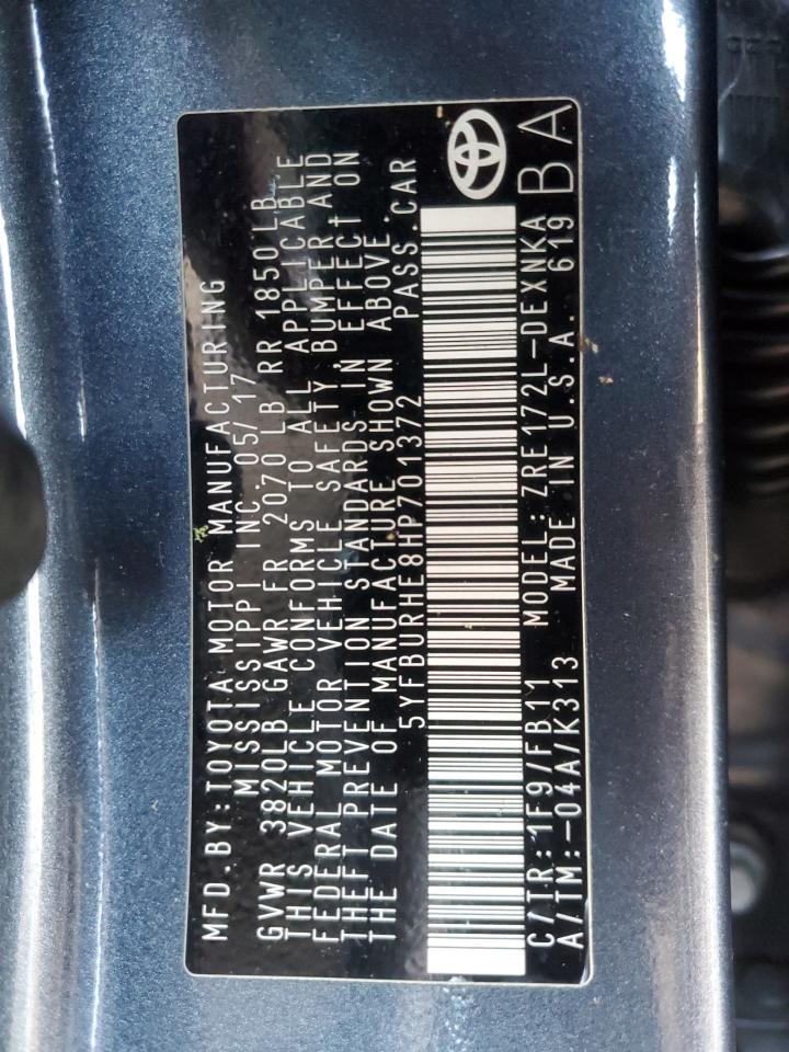 2017 Toyota Corolla VIN 5YFBURHE8HP701372 Copart auction photo, front end / rear end damage thumbnail 13